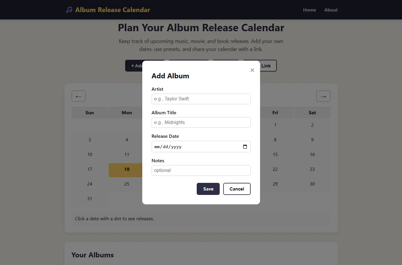 Screenshot of Album Release Calendar interface showing the project page in use